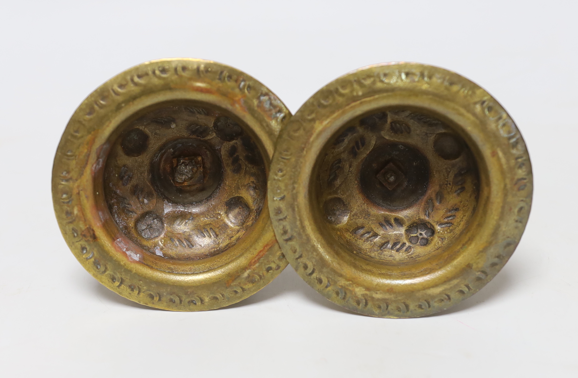 A pair of Charles II style brass dwarf candlesticks, 12cm